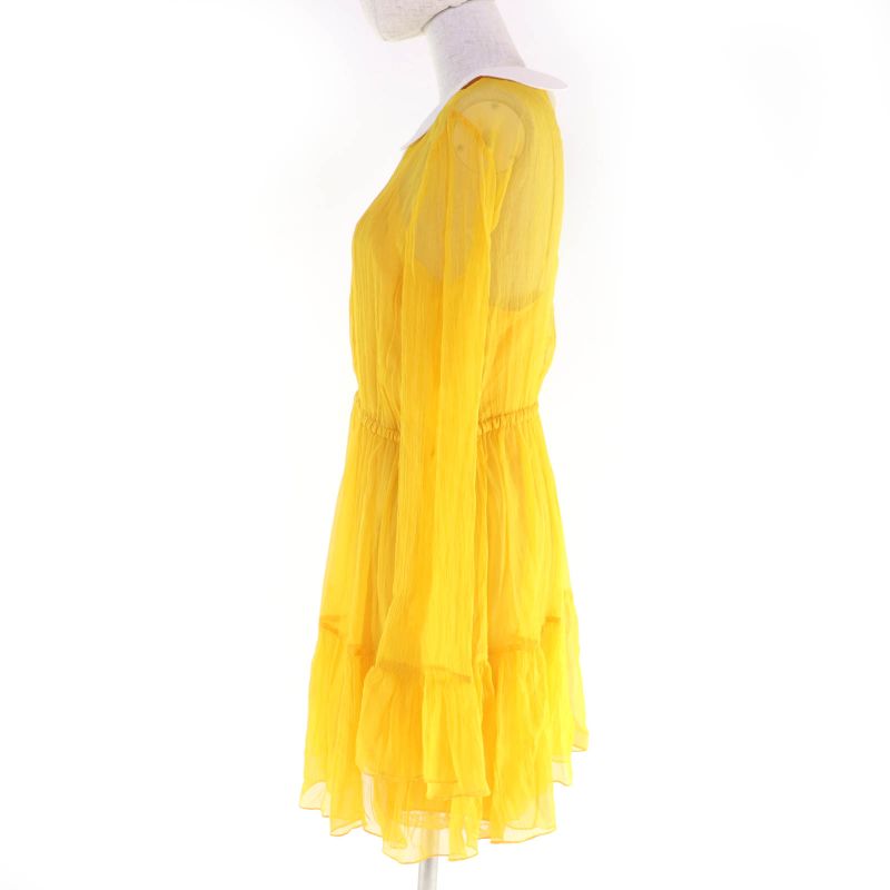 Gucci 728125 100% Silk Round Collar Chiffon Dress Yellow 44 Hanger Made In