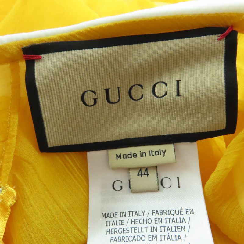 Gucci 728125 100% Silk Round Collar Chiffon Dress Yellow 44 Hanger Made In