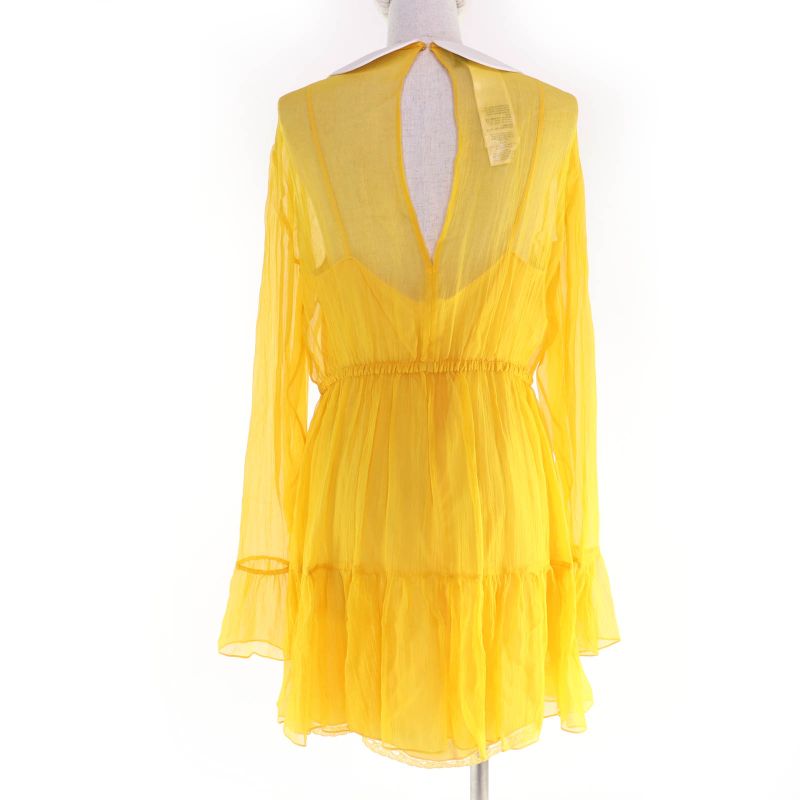 Gucci 728125 100% Silk Round Collar Chiffon Dress Yellow 44 Hanger Made In