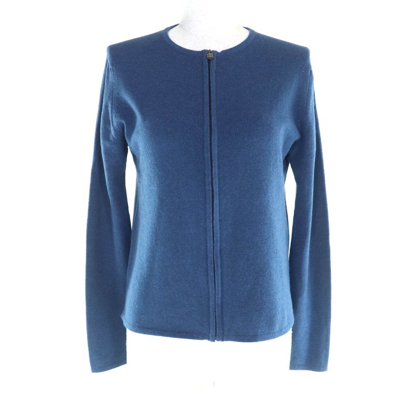 Hermes 100% Cashmere Cadena Zip Crew Neck Long Sleeve Cardigan Top Blue SM