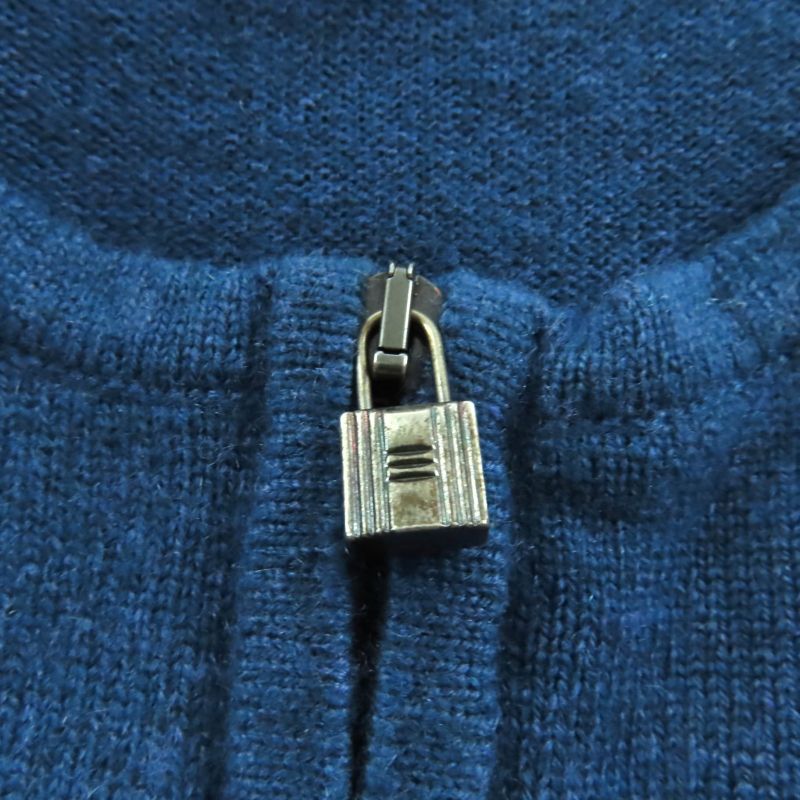 Hermes 100% Cashmere Cadena Zip Crew Neck Long Sleeve Cardigan Top Blue SM