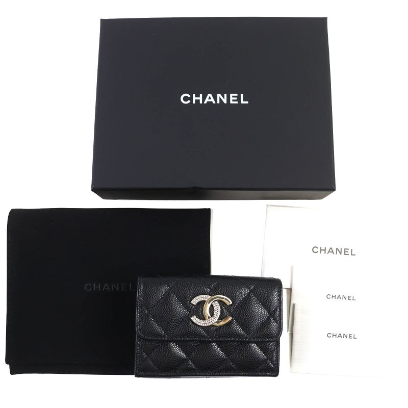 CHANEL Ap4173 Caviar Skin Coco Mark Matelasse Small Flap Wallet Trifold Wallet