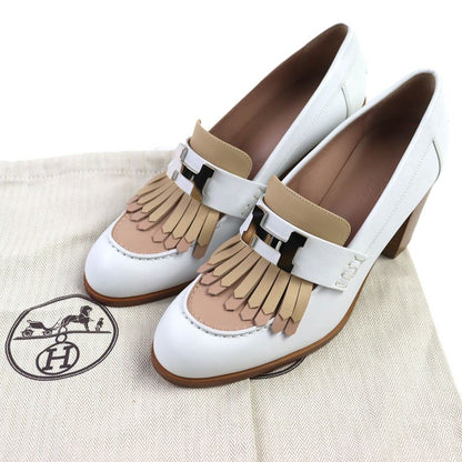 Hermes Constance Elysee 70 Silver Hardware Leather Pumps Chunky Heel White