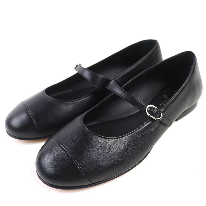 CHANEL 22P G38897 Ballerina Coco Rhinestone Leather Flat Shoes Pumps Black 36.5