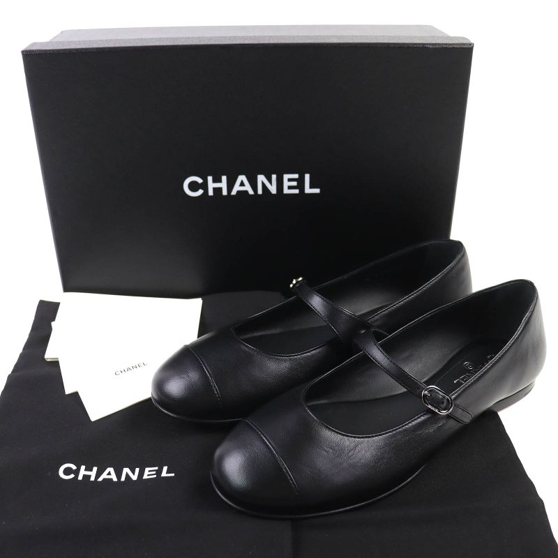 CHANEL 22P G38897 Ballerina Coco Rhinestone Leather Flat Shoes Pumps Black 36.5
