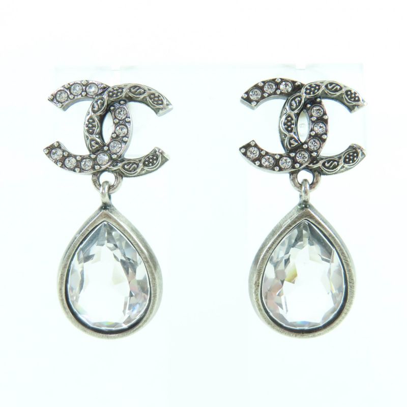 CHANEL 124A Abd777 Metal Crystal Coco Mark Bijoux Teardrop Earrings Silver With