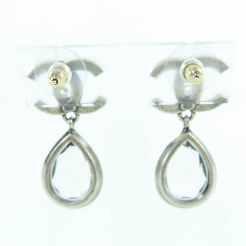 CHANEL 124A Abd777 Metal Crystal Coco Mark Bijoux Teardrop Earrings Silver With