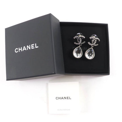 CHANEL 124A Abd777 Metal Crystal Coco Mark Bijoux Teardrop Earrings Silver With