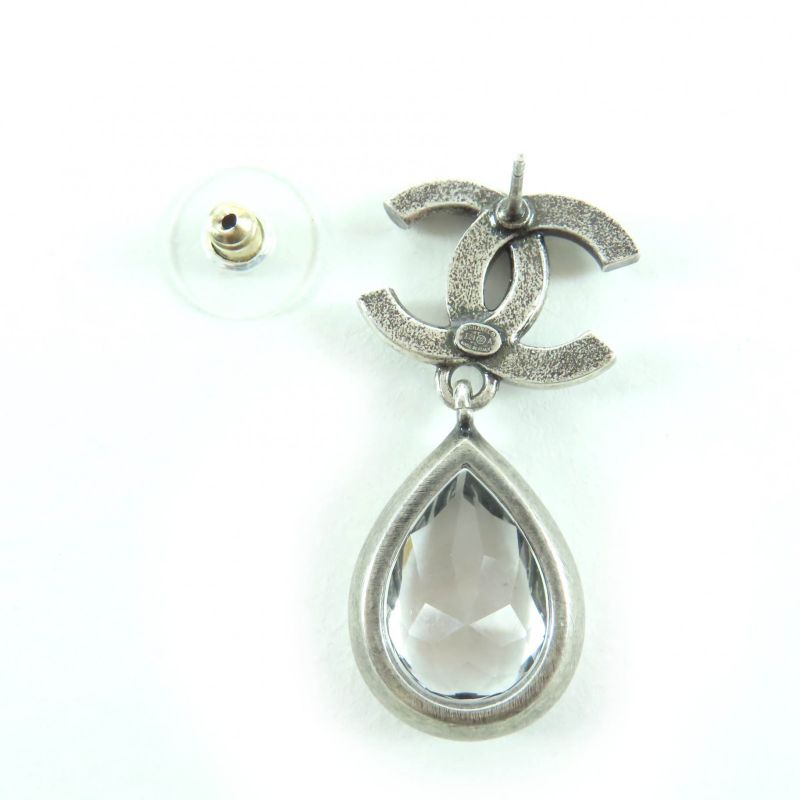 CHANEL 124A Abd777 Metal Crystal Coco Mark Bijoux Teardrop Earrings Silver With