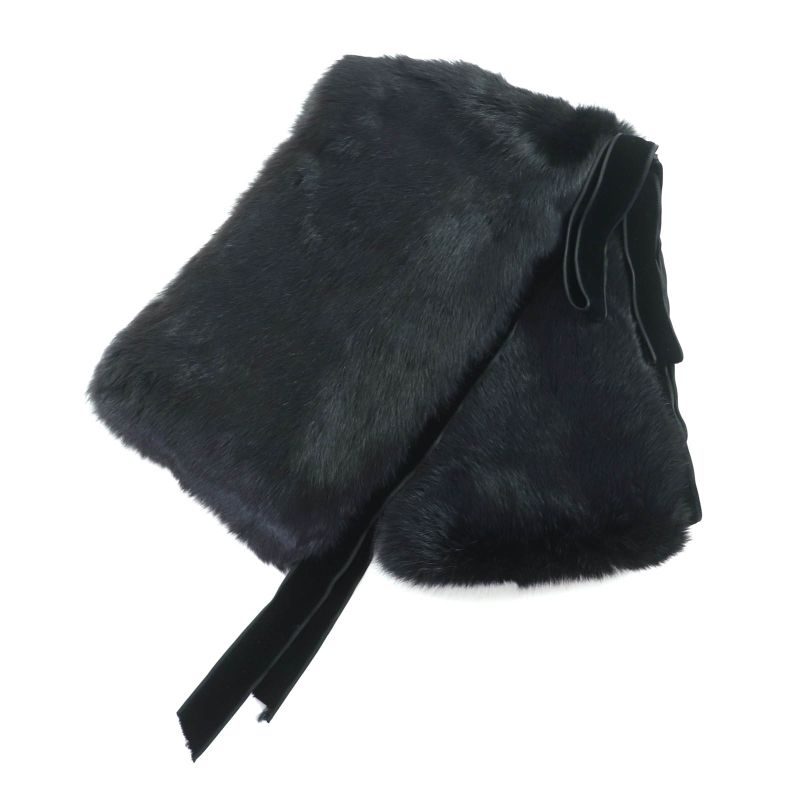 Gucci Rabbit Fur Ribbon Design Stole Scarf Black Women