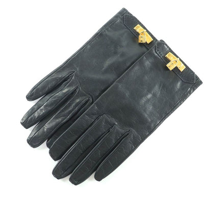 Hermes Gold Hardware Kelly Buckle Leather Gloves Black 7.5 Made In France Women