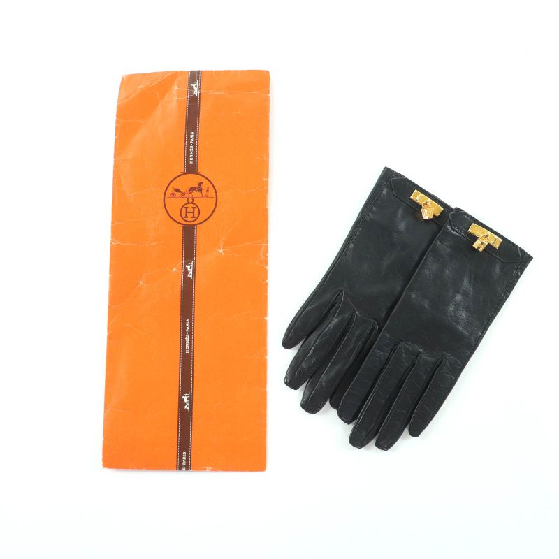 Hermes Gold Hardware Kelly Buckle Leather Gloves Black 7.5 Made In France Women