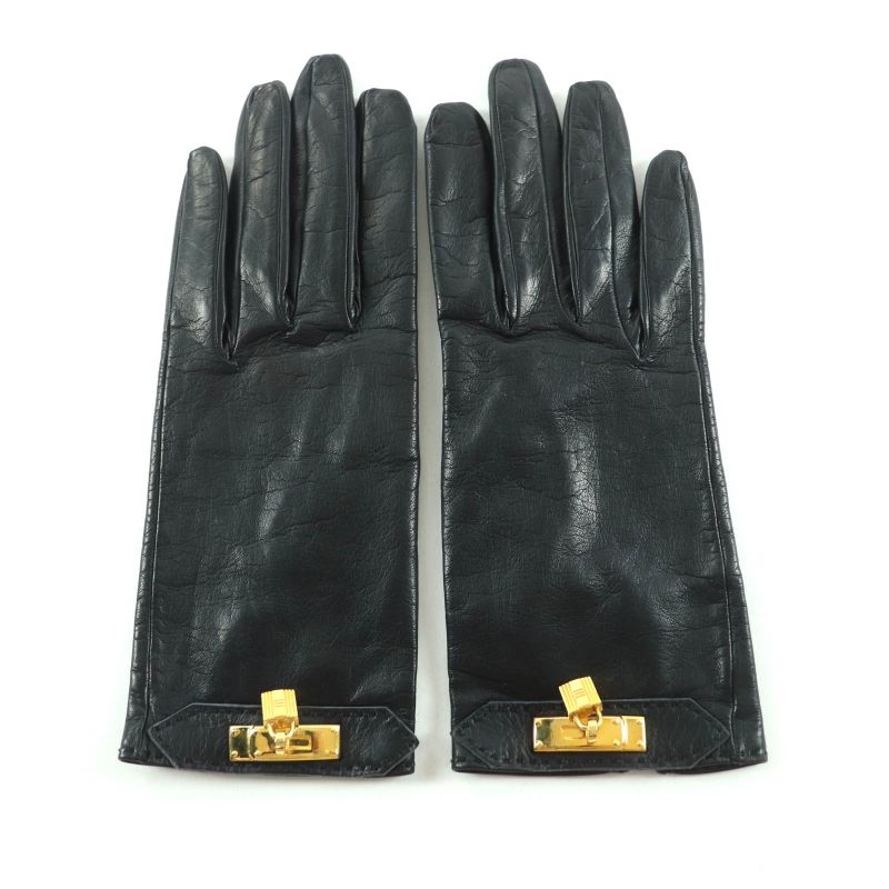 Hermes Gold Hardware Kelly Buckle Leather Gloves Black 7.5 Made In France Women
