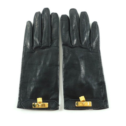 Hermes Gold Hardware Kelly Buckle Leather Gloves Black 7.5 Made In France Women