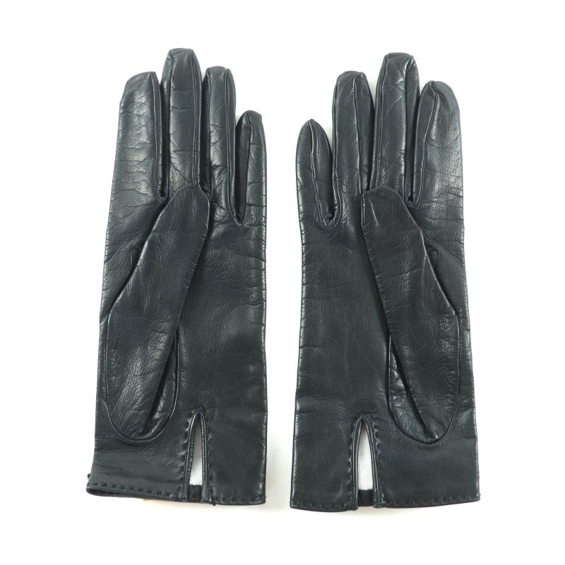 Hermes Gold Hardware Kelly Buckle Leather Gloves Black 7.5 Made In France Women