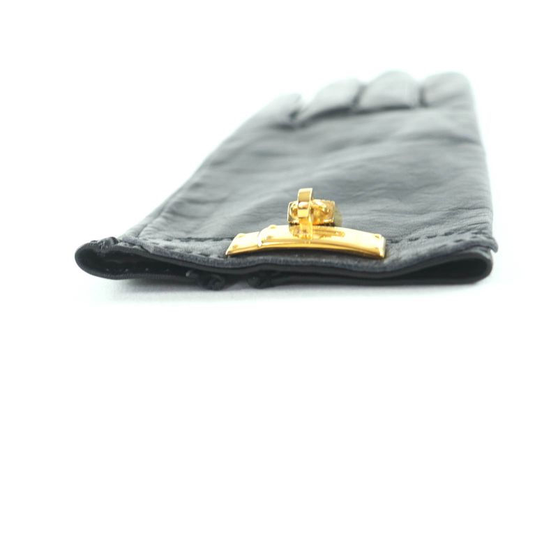 Hermes Gold Hardware Kelly Buckle Leather Gloves Black 7.5 Made In France Women