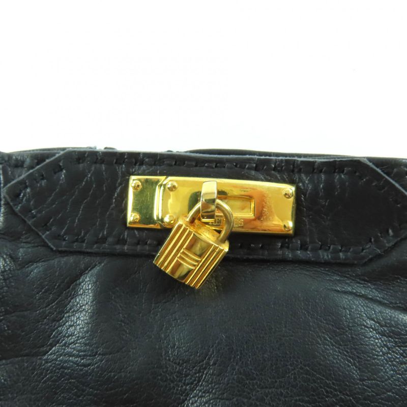 Hermes Gold Hardware Kelly Buckle Leather Gloves Black 7.5 Made In France Women