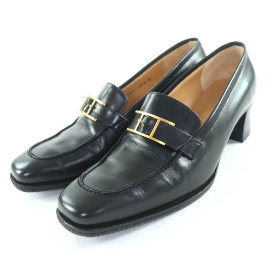 Hermes Gold Hardware Api Buckle Square Toe Chunky Heel Leather Loafers Black