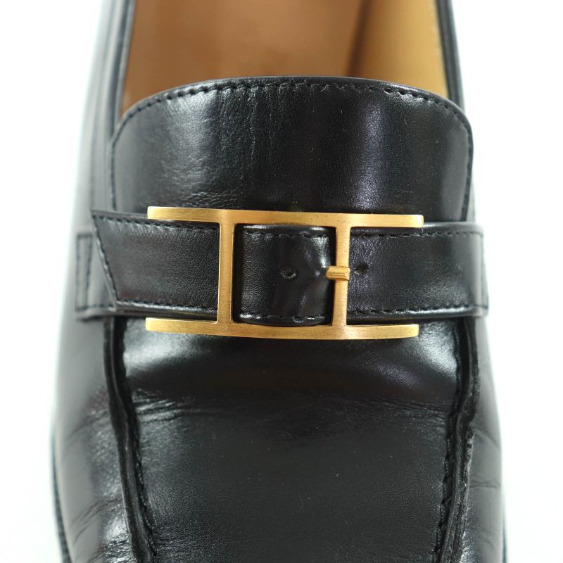 Hermes Gold Hardware Api Buckle Square Toe Chunky Heel Leather Loafers Black