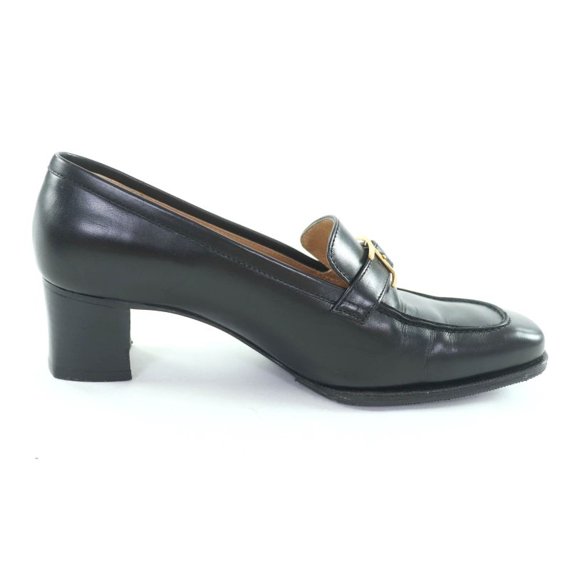 Hermes Gold Hardware Api Buckle Square Toe Chunky Heel Leather Loafers Black