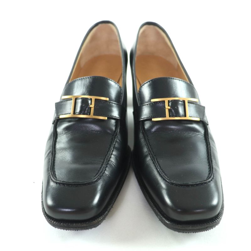 Hermes Gold Hardware Api Buckle Square Toe Chunky Heel Leather Loafers Black