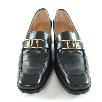 Hermes Gold Hardware Api Buckle Square Toe Chunky Heel Leather Loafers Black