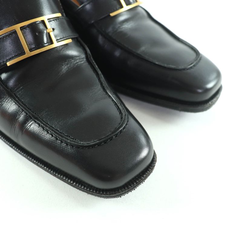 Hermes Gold Hardware Api Buckle Square Toe Chunky Heel Leather Loafers Black