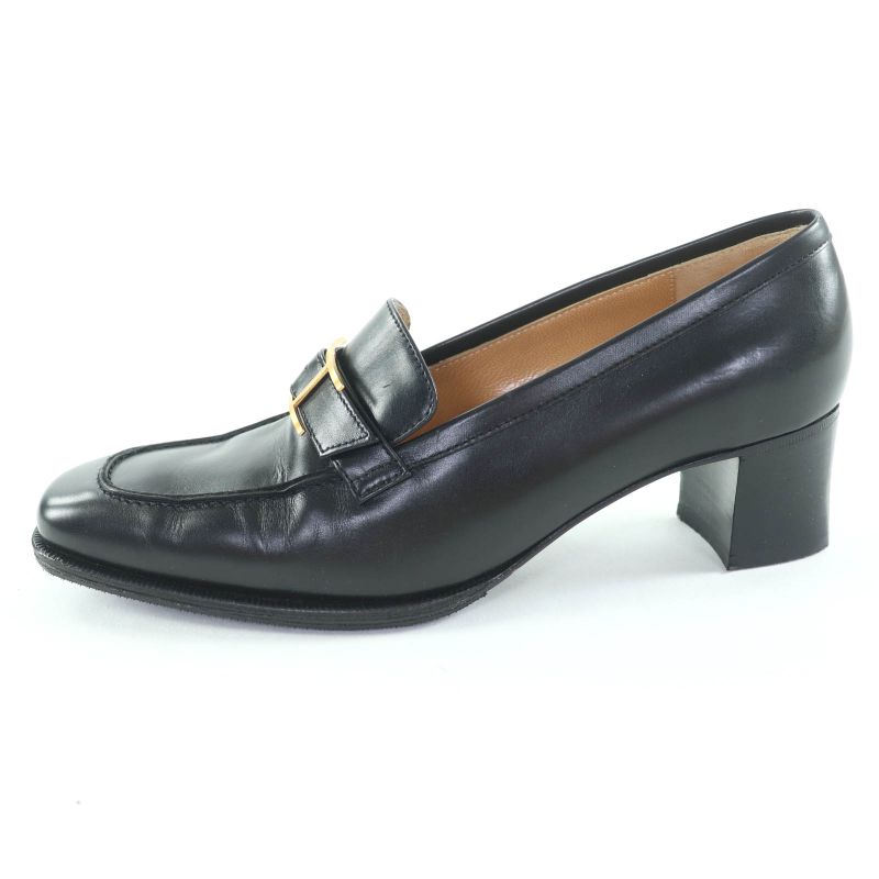 Hermes Gold Hardware Api Buckle Square Toe Chunky Heel Leather Loafers Black