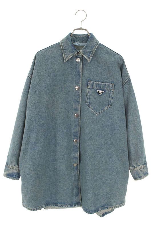 Prada Gfc036 Organic Denim Logo Plate Denim Jacket Women 38