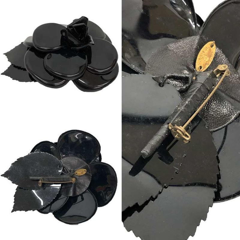 Chanel Camellia Corsage Brooch Black Plastic Aq12146