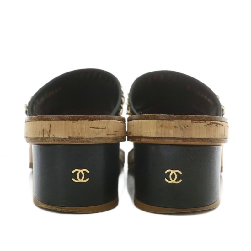Chanel Mules Sandals Leather Open Toe Chunky Heel Chain Coco Mark Gold Hardware