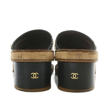 Chanel Mules Sandals Leather Open Toe Chunky Heel Chain Coco Mark Gold Hardware