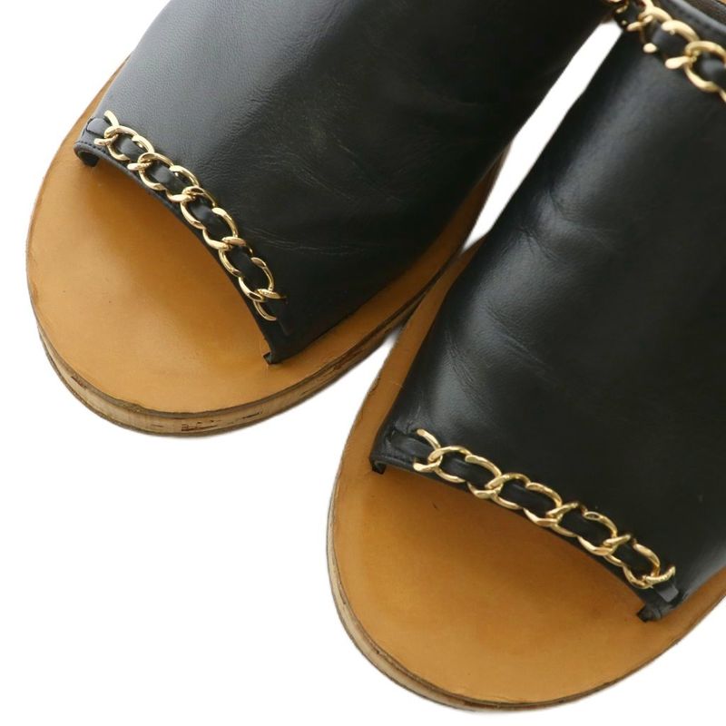 Chanel Mules Sandals Leather Open Toe Chunky Heel Chain Coco Mark Gold Hardware