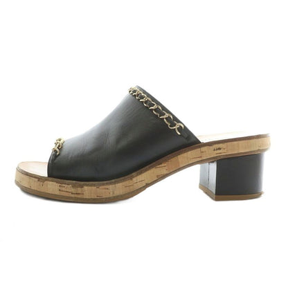 Chanel Mules Sandals Leather Open Toe Chunky Heel Chain Coco Mark Gold Hardware