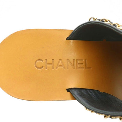 Chanel Mules Sandals Leather Open Toe Chunky Heel Chain Coco Mark Gold Hardware