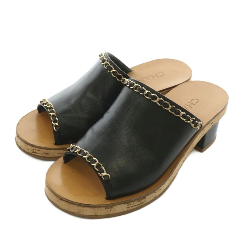 Chanel Mules Sandals Leather Open Toe Chunky Heel Chain Coco Mark Gold Hardware