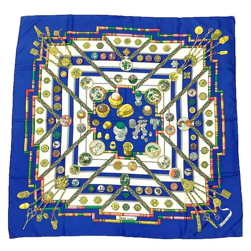 Hermes Carré 90 Petite Main Petite Main Seamstress Sewing Tools Blue Scarf