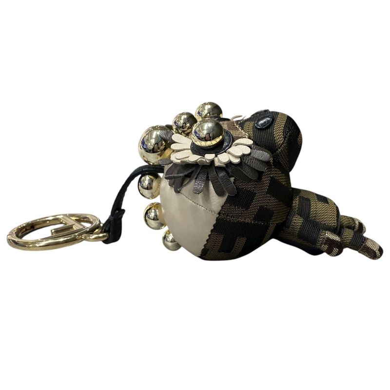 Em1124 Fendi Key Holder Key Chain Back Charm Monkey Studs Zucca Gold Hardware