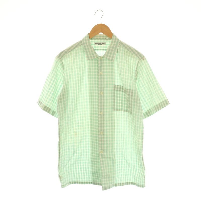 Christian DIOR Stand Collar Shirt Short Sleeve Check L Green White AT - OS -