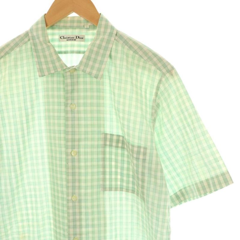 Christian DIOR Stand Collar Shirt Short Sleeve Check L Green White AT - OS -