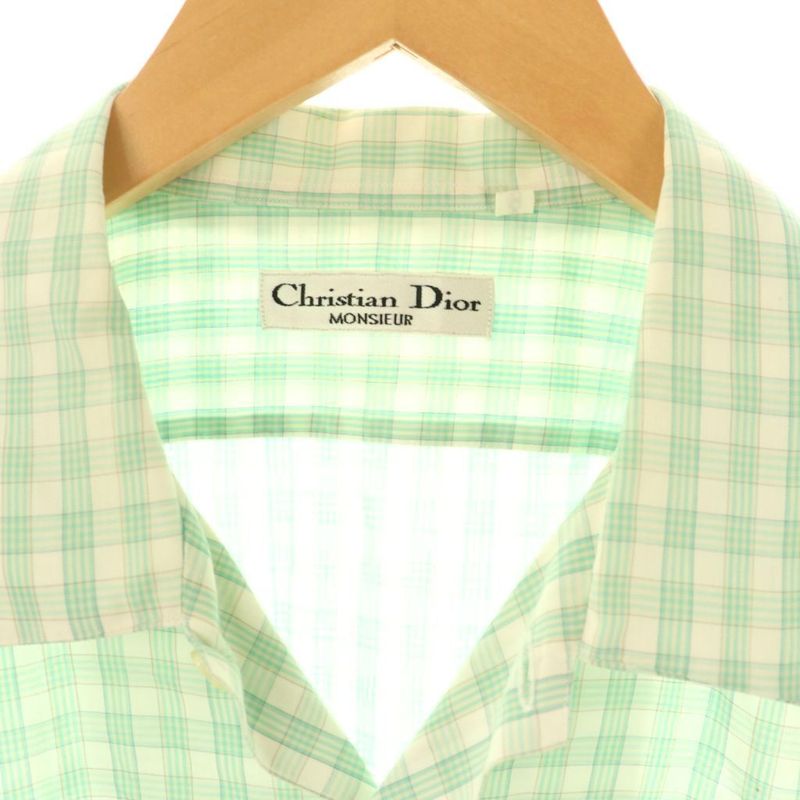 Christian DIOR Stand Collar Shirt Short Sleeve Check L Green White AT - OS -