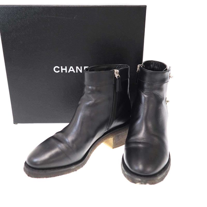 Chanel Coco Cles Peep Sole Leather Boots G31204 Black 38