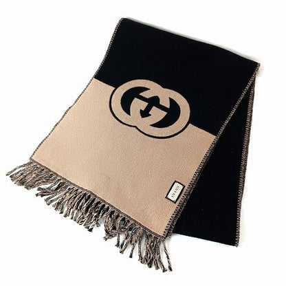 Gucci Logo Interlocking G Wool Scarf Black Beige AA