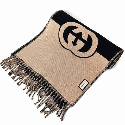 Gucci Logo Interlocking G Wool Scarf Black Beige AA