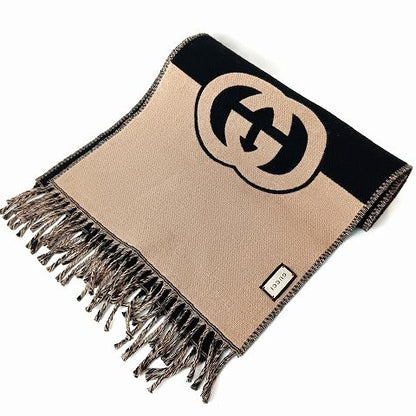 Gucci Logo Interlocking G Wool Scarf Black Beige AA