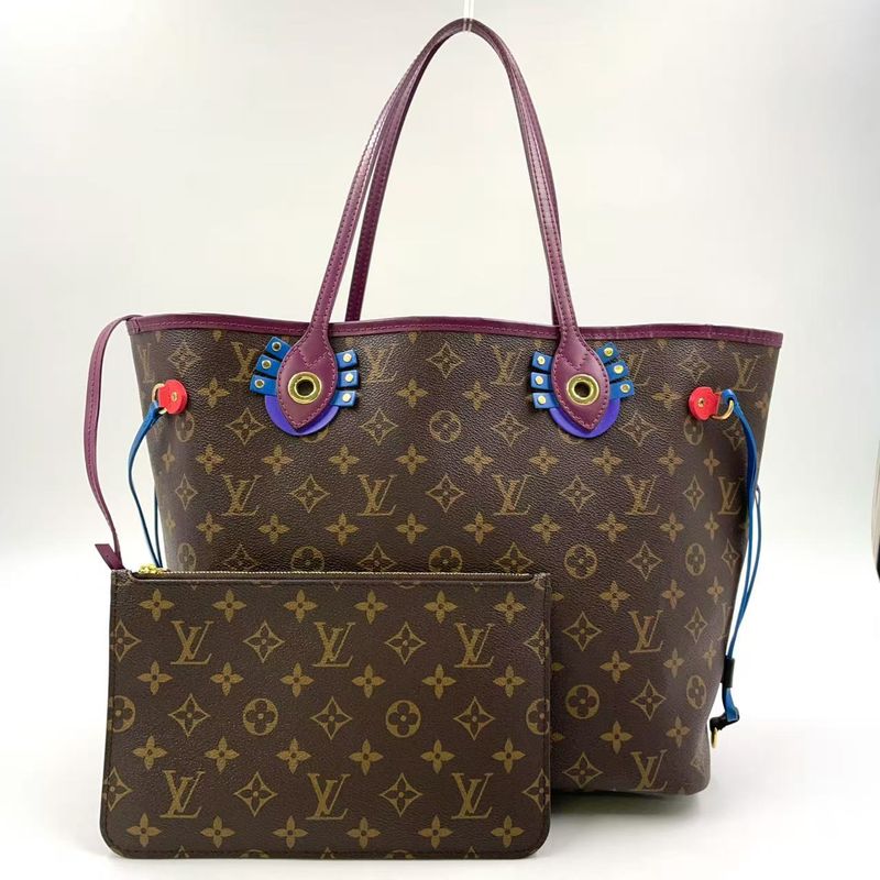 Louis Vuitton Neverfull MM Monogram Totem Shoulder Bag PVC Dark Purple And