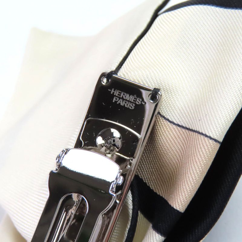 Hermes Grenelle Exlibris Barrette 100% Silk With Silver Hardware Ribbon Hair