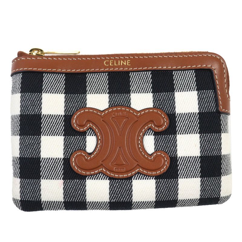 Celine Leather Use Triomphe Checkered Zip Coin Case Coin Purse Brown Black