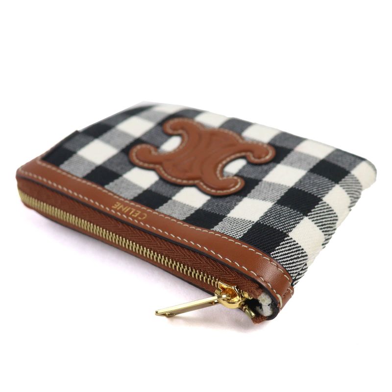 Celine Leather Use Triomphe Checkered Zip Coin Case Coin Purse Brown Black