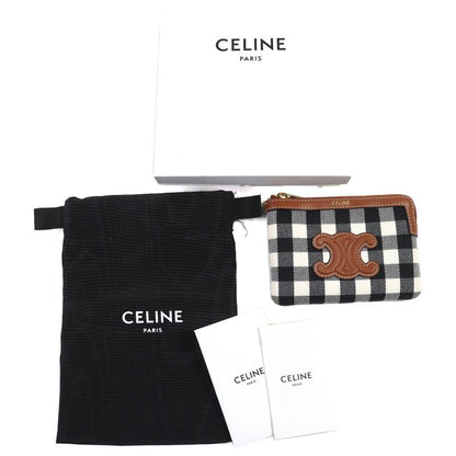 Celine Leather Use Triomphe Checkered Zip Coin Case Coin Purse Brown Black